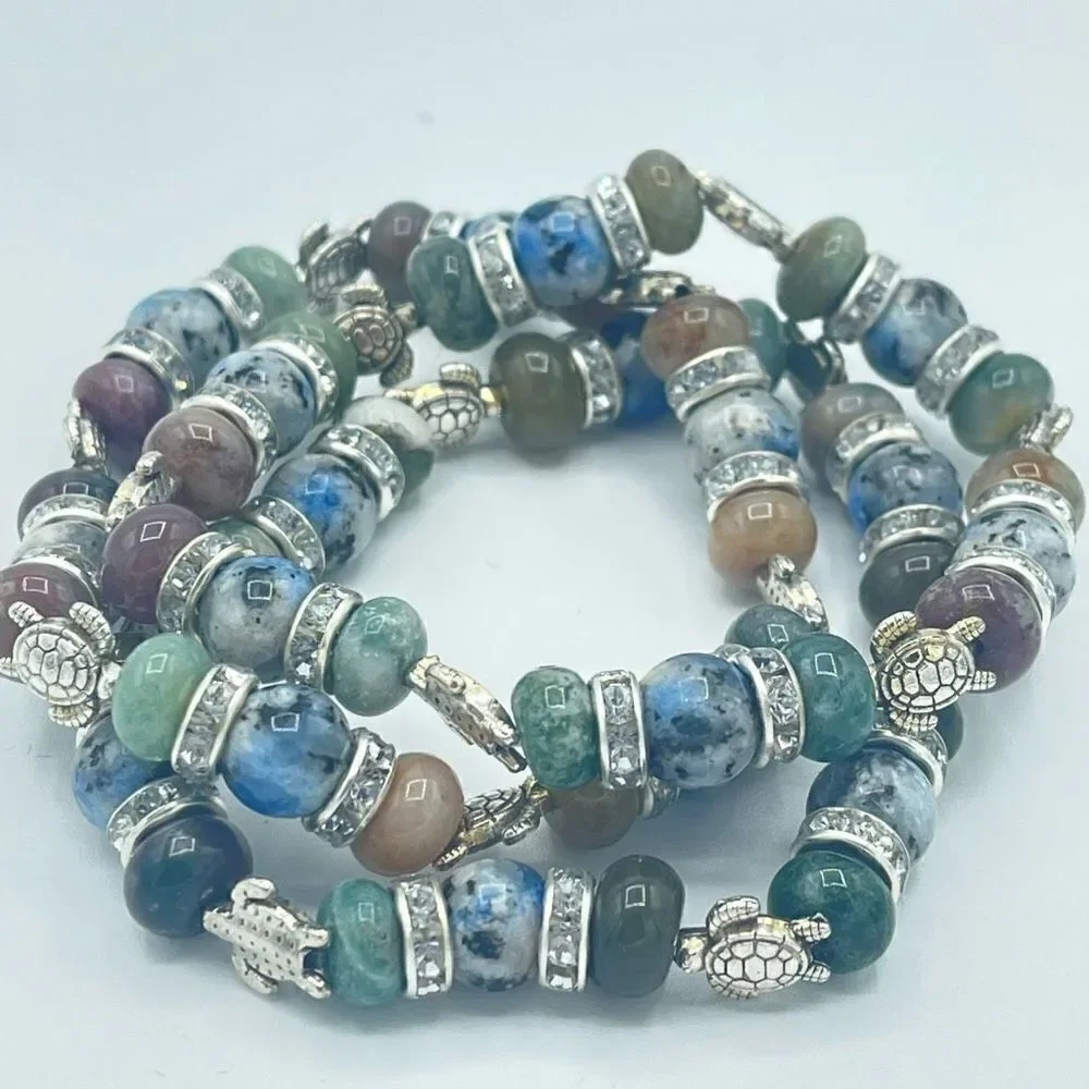 Sea Turtle India agate K2 beaded stretch bracelet ONE NEW crystal reiki yoga med